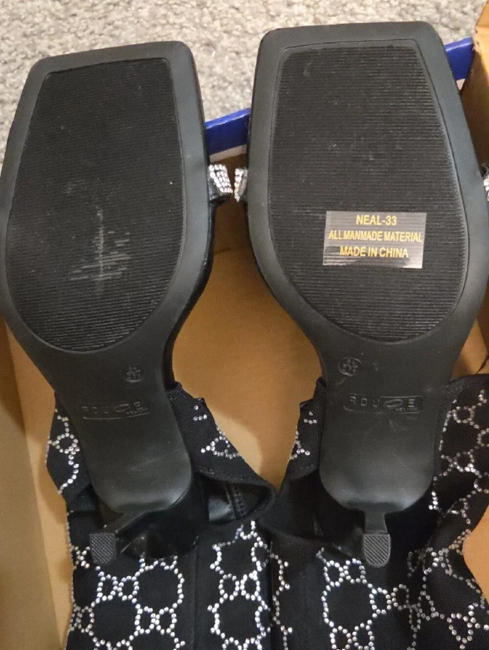 Rouge Black Crystal-Pattern Open Toe Bootie Stiletto Sandals Sz 6.5 NIB